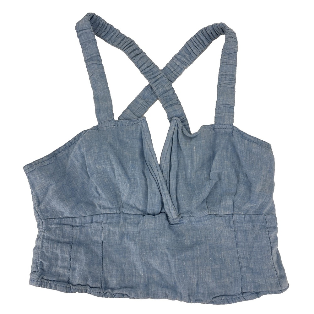 Anthropologie Light Blue Linen Crop Top Criss Cross Back Smocked Back Small